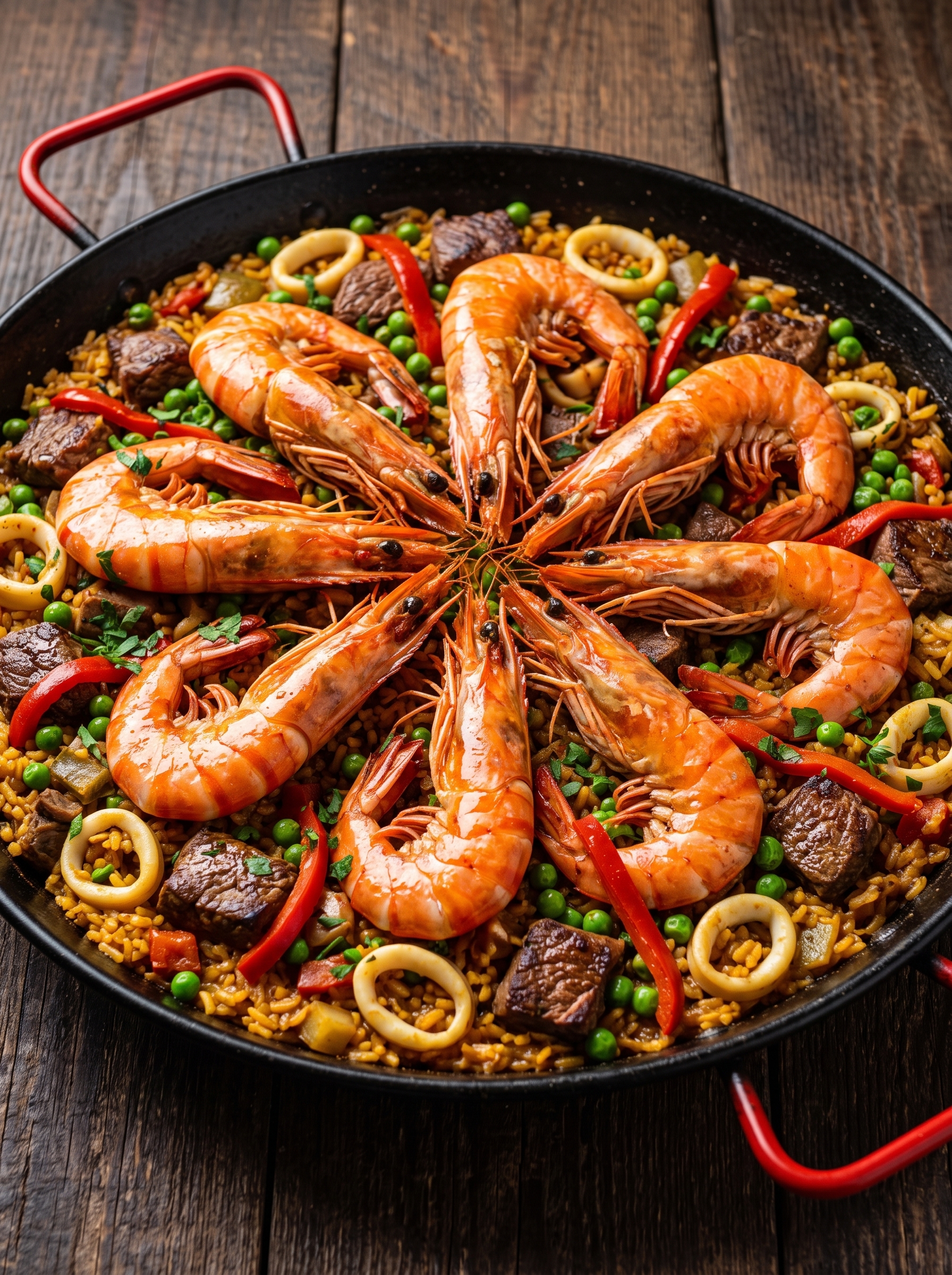 Paella Mar y Tierra Premium con camarones jumbo, calamares y lomito al ajillo, el doble de mariscos y carnes